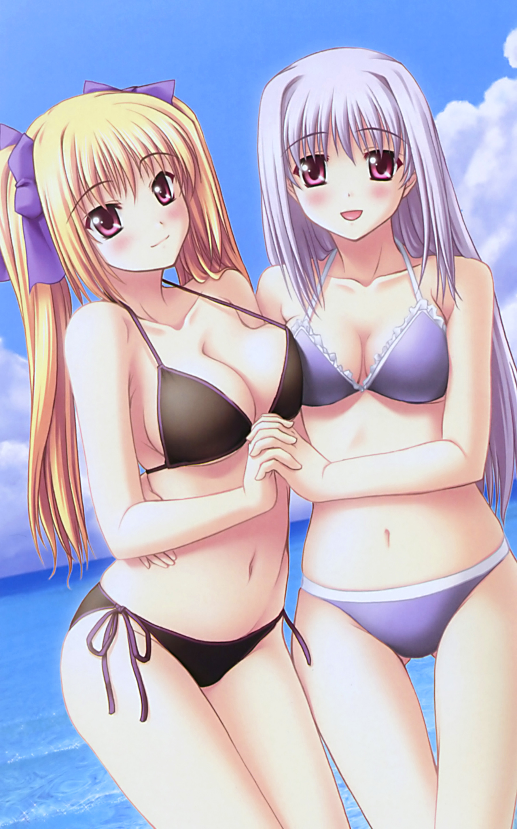 kannatsuki noboru, yugiri perserte, yugiri princesca, shinkyoku soukai polyphonica, silver hair, absurdres, highres, non-web source, 00s, 2girls, beach, bikini, blonde hair, breast press, breasts, cleavage, day, hand on own hip, holding hands, medium breasts, multiple girls, outdoors, pink eyes, side-tie bikini bottom, swimsuit, symmetrical docking, thighs, twintails