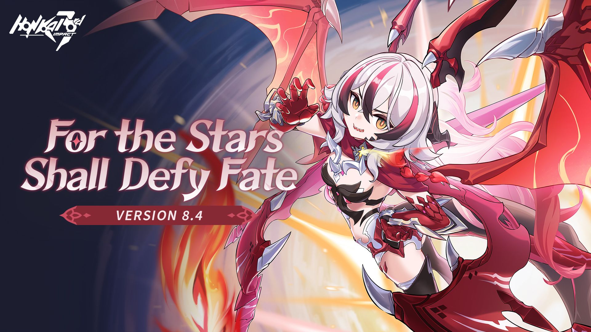 coralie 6626 planck (behold! fate-defying dragon), honkai (series), honkai impact 3rd, highres, official art, 1girl, armor, au ra, bikini armor, breasts, colored extremities, copyright name, dragon girl, dragon tail, dragon wings, gauntlets, horns, long hair, looking at viewer, multicolored hair, open mouth, red scales, sharp teeth, tail, teeth, wings, yellow eyes