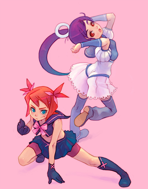 weno, cure black, cure white, futari wa precure, original, precure, black footwear, blue footwear, character request, 2girls, adapted costume, blue eyes, blue hair, boots, bow, cosplay, costume switch, cure black (cosplay), cure white (cosplay), gloves, jumping, knee boots, magical girl, miniskirt, multiple girls, red eyes, red hair, school uniform, serafuku, simple background, skirt, socks, thighhighs