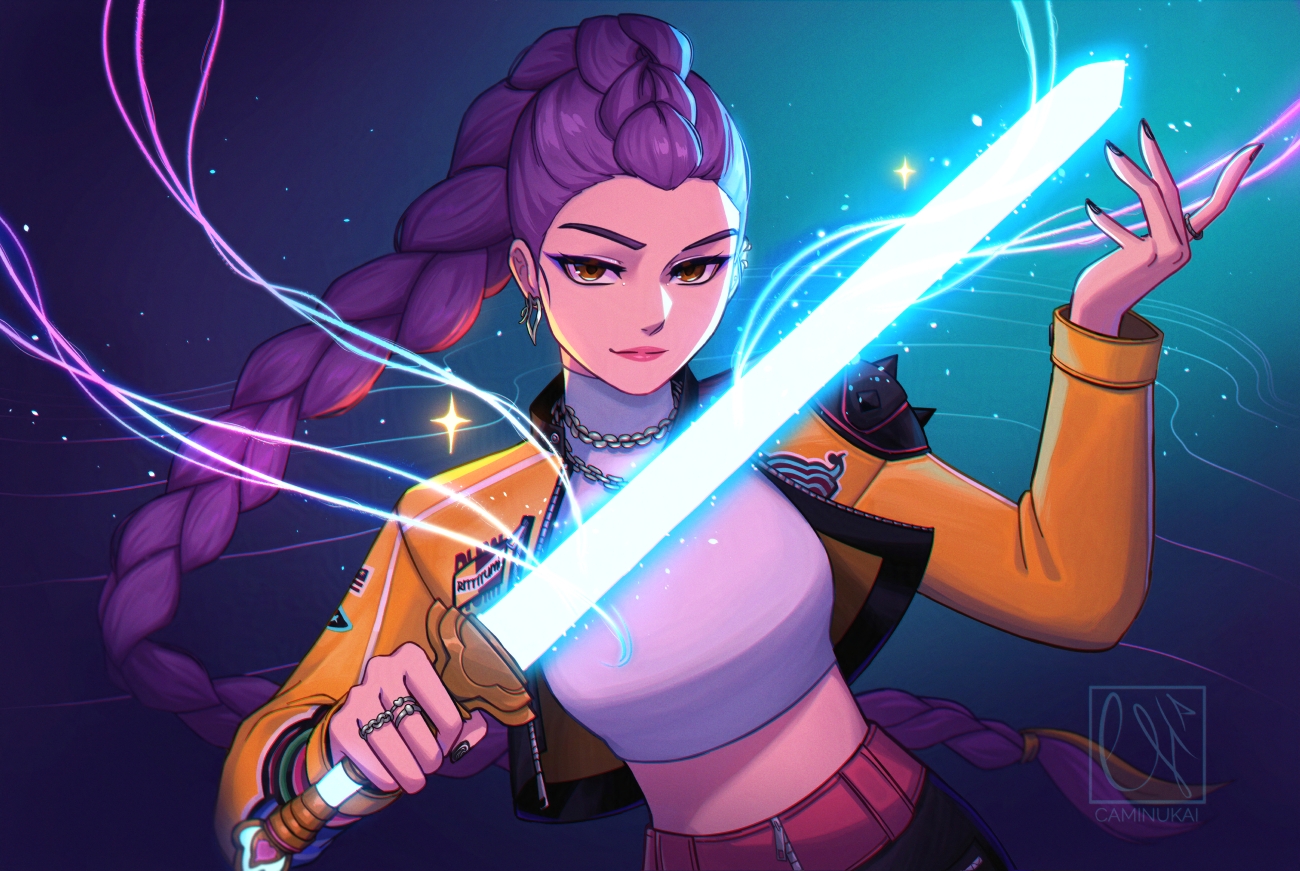 caminukai, rumi (kpop demon hunters), kpop demon hunters, commentary, 1girl, braid, closed mouth, cropped jacket, glowing, glowing sword, glowing weapon, holding, holding sword, holding weapon, jacket, lips, long hair, looking at viewer, midriff peek, pink lips, purple eyes, purple hair, smile, solo, sword, very long hair, weapon, yellow jacket