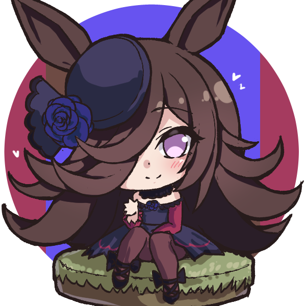 tanu (ace ikachan), rice shower (umamusume), umamusume, commentary request, 1girl, animal ears, bare shoulders, black dress, black shoes, blue flower, blue hat, blue rose, blush, brown hair, brown pantyhose, chibi, closed mouth, dress, flower, hair over one eye, hat, hat flower, heart, horse ears, horse girl, long hair, long sleeves, looking at viewer, off-shoulder dress, off shoulder, one eye covered, pantyhose, parted bangs, purple eyes, rose, shoes, sitting, smile, solo, split mouth