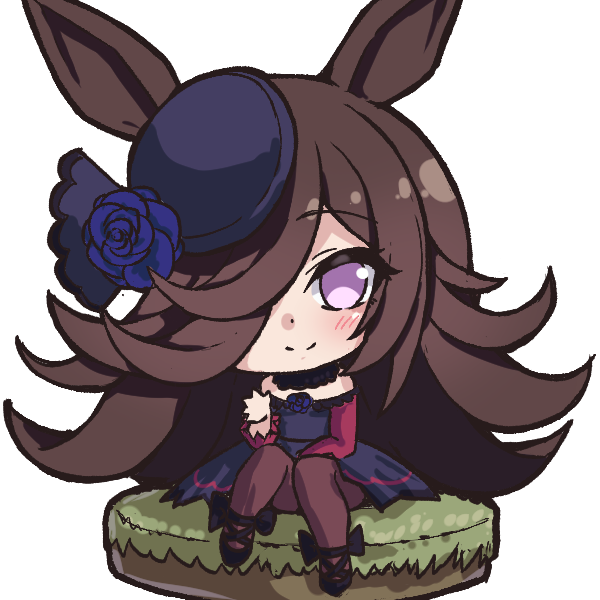 tanu (ace ikachan), rice shower (umamusume), umamusume, 1girl, animal ears, bare shoulders, black dress, black shoes, blue flower, blue hat, blue rose, blush, brown hair, brown pantyhose, chibi, closed mouth, dress, flower, hair over one eye, hat, hat flower, horse ears, horse girl, long hair, long sleeves, looking at viewer, off-shoulder dress, off shoulder, one eye covered, pantyhose, parted bangs, purple eyes, rose, shoes, simple background, sitting, smile, solo, split mouth, transparent background