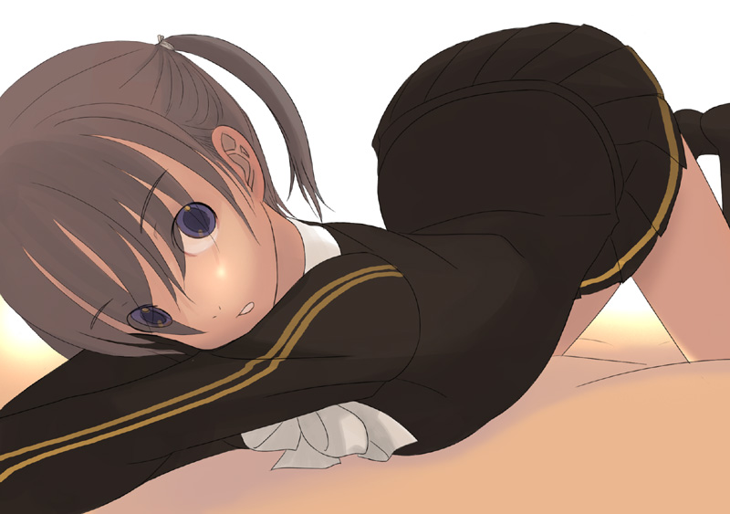 kiriman (souldeep), original, eyebrows, 1girl, black dress, blue eyes, blush, brown hair, dress, female focus, long sleeves, looking at viewer, lying, no pants, on stomach, school uniform, serafuku, side ponytail, socks, solo, stretching, top-down bottom-up, white socks