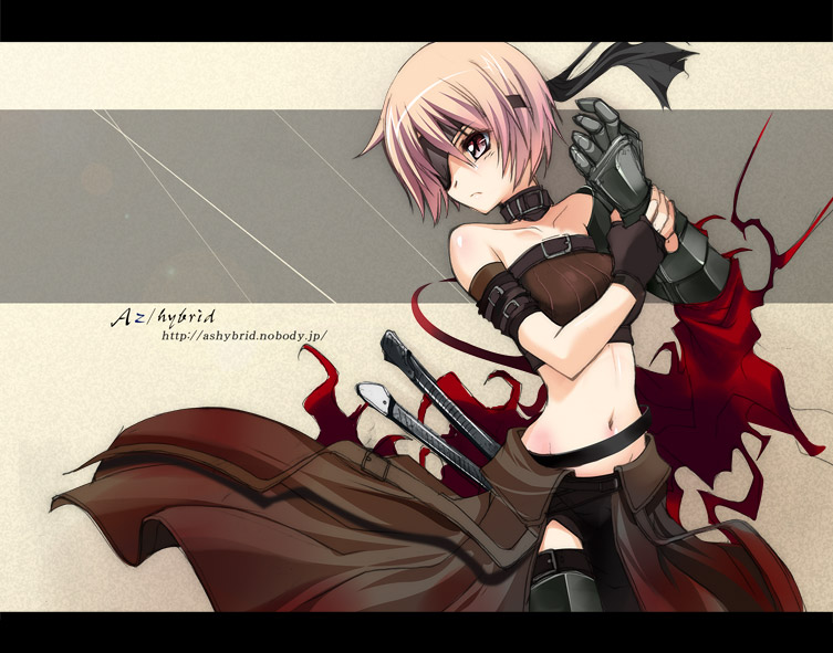 won (az hybrid), original, 1girl, armor, bare shoulders, belt, blonde hair, boots, eyepatch, fantasy, female focus, fingerless gloves, gloves, midriff, navel, red eyes, short hair, solo, sword, thigh boots, thighhighs, weapon