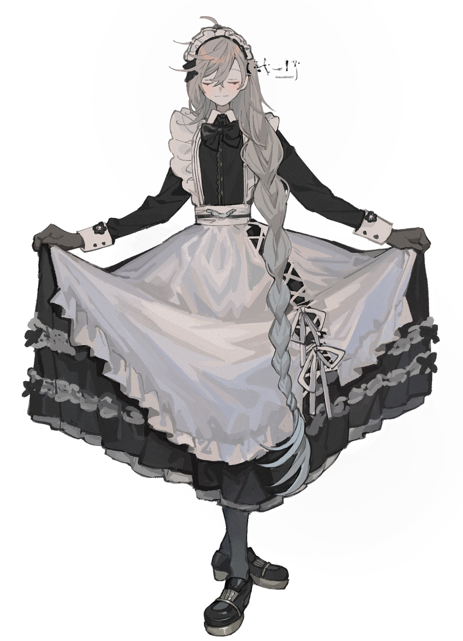 kanae (nijisanji), nijisanji, highres, 1boy, apron, black bow, black bowtie, black dress, black gloves, black shoes, bow, bowtie, braid, brown hair, closed eyes, closed mouth, collared dress, crossdressing, crossdressing (mtf), dress, facing viewer, frilled apron, frills, full body, gloves, hair between eyes, kanae (20th costume) (nijisanji), long hair, long sleeves, maid, maid apron, maid headdress, male focus, male maid, official alternate costume, okino58414377, shoes, simple background, single braid, sleeve cuffs, smile, solo, trap, very long hair, virtual youtuber, white apron, white background, white headdress