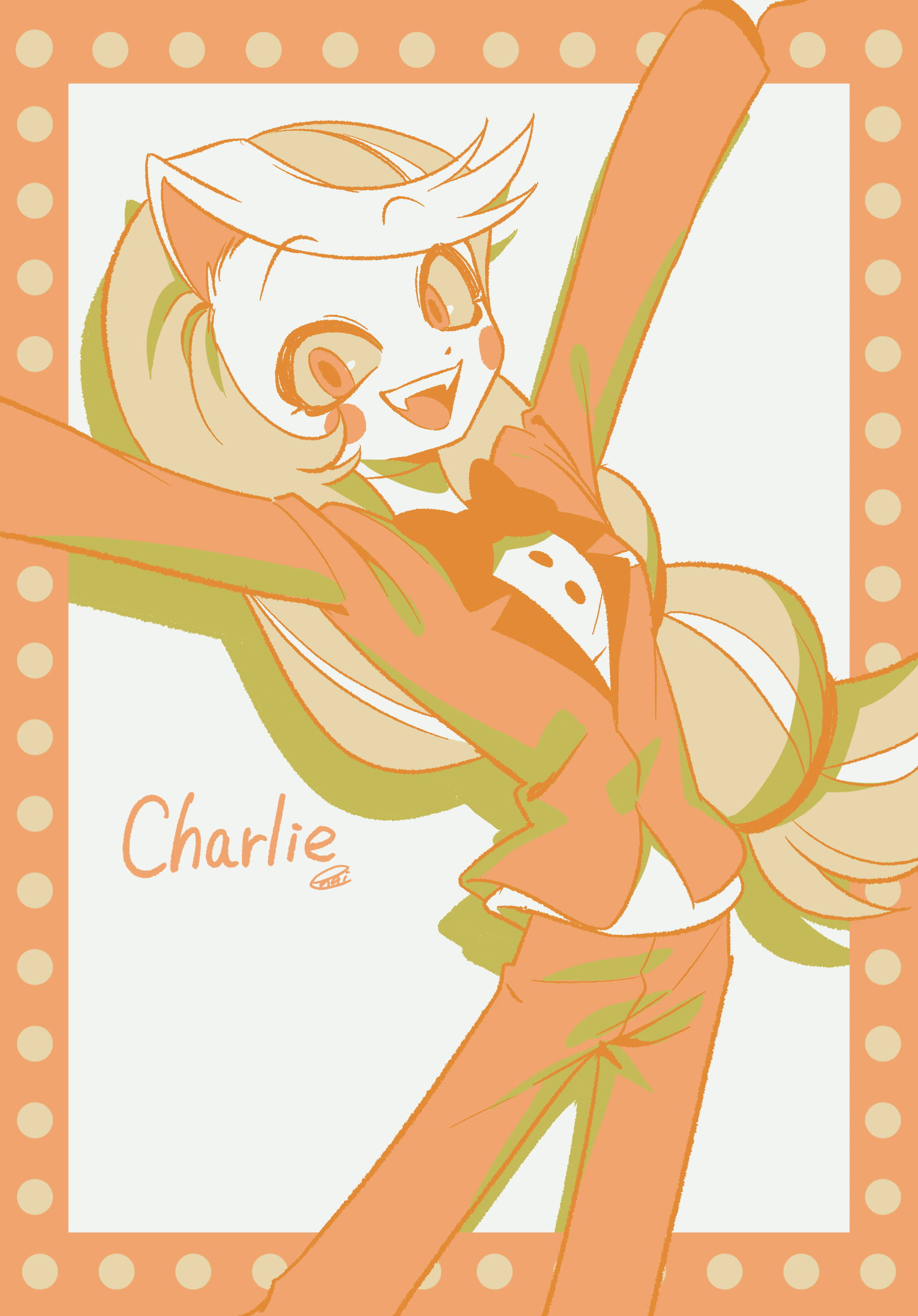 menma (enaic31), charlie morningstar, hazbin hotel, hellaverse, absurdres, commentary request, highres, 1girl, :d, o/, arched back, arms up, black bow, black bowtie, blonde hair, border, bow, bowtie, breasts, buttons, character name, circle facial mark, colored sclera, colored skin, cowboy shot, drop shadow, fangs, film grain, jacket, long hair, long sleeves, looking at viewer, low-tied long hair, multicolored hair, open mouth, orange border, outside border, outstretched arms, pants, raised eyebrows, red eyes, red hair, red jacket, red pants, shirt, signature, simple background, small breasts, smile, solo, standing, streaked hair, swept bangs, teeth, tongue, traditional bowtie, upper teeth only, very long hair, white background, white hair, white shirt, white skin, yellow sclera