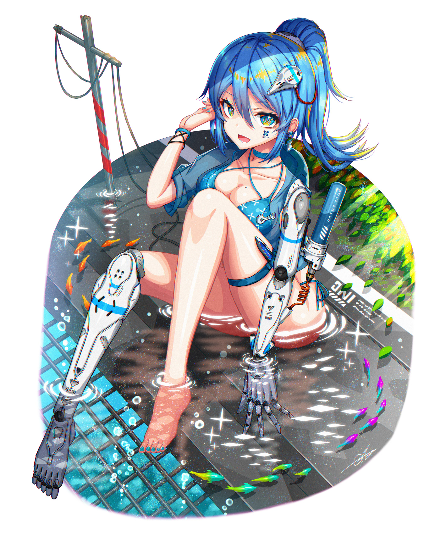 gia, original, highres, 1girl, :d, aqua eyes, barefoot, bikini, blue bikini, blue hair, breasts, choker, collarbone, cyberpunk, cyborg, facial mark, fish, looking at viewer, medium breasts, mole, mole on breast, nail polish, open mouth, ponytail, prosthesis, prosthetic arm, prosthetic leg, see-through clothes, see-through shirt, shirt, smile, solo, swimsuit, thigh strap, wading