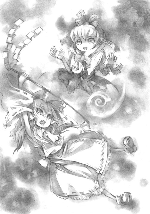 hakamada sugiichi, hakurei reimu, kagiyama hina, touhou, 2girls, female focus, front ponytail, gohei, greyscale, monochrome, multiple girls