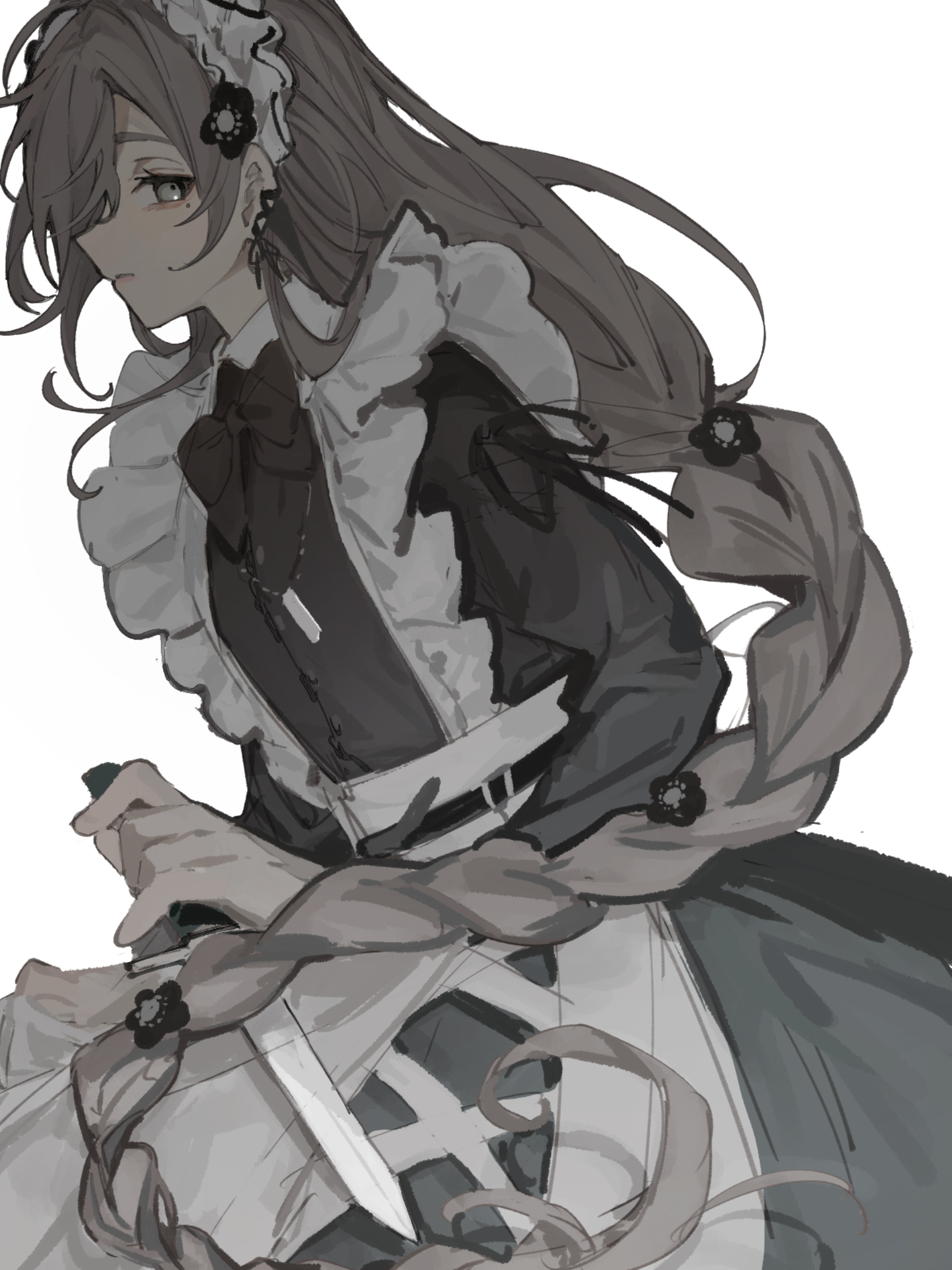 kanae (nijisanji), nijisanji, highres, 1boy, apron, black bow, black bowtie, black dress, bow, bowtie, braid, brown hair, closed mouth, crossdressing, crossdressing (mtf), dress, frilled apron, frills, grey eyes, holding, holding knife, kanae (20th costume) (nijisanji), knife, long hair, long sleeves, looking at viewer, maid, maid apron, maid headdress, male focus, male maid, mole, mole under eye, official alternate costume, okino58414377, simple background, single braid, sketch, solo, trap, very long hair, virtual youtuber, white apron, white background, white headdress