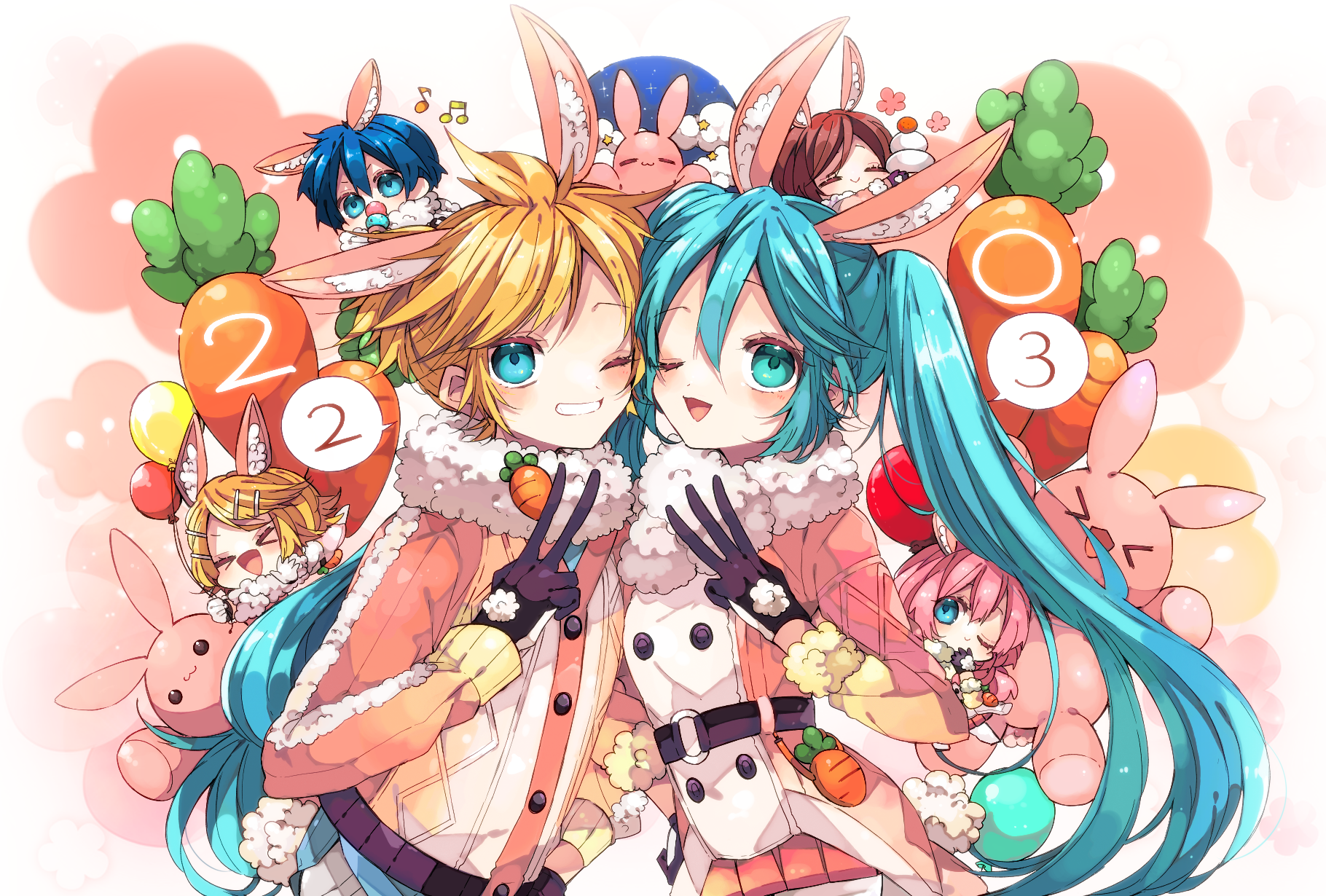 kaho 0102, hatsune miku, kagamine len, kagamine rin, kaito (vocaloid), megurine luka, meiko (vocaloid), vocaloid, commentary request, highres, > <, 2boys, 4girls, :d, ;d, animal ear fluff, animal ears, blonde hair, blue eyes, blue hair, blush, brown hair, carrot, closed eyes, closed mouth, double-parted bangs, fur-trimmed sleeves, fur trim, grin, hair between eyes, hair ornament, hairclip, headset, kemonomimi mode, long hair, long sleeves, looking at viewer, middle w, multiple boys, multiple girls, one eye closed, open mouth, parallel hairclips, pink hair, rabbit ears, shirt, short hair, smile, spoken number, twintails, upper body, v, w, white shirt, xd