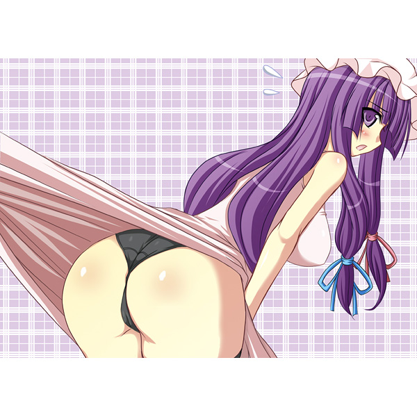 jema, patchouli knowledge, touhou, 1girl, ass, bent over, black panties, blush, breasts, clothes lift, covering privates, dress, dress lift, embarrassed, female focus, hat, large breasts, leaning, leaning forward, long hair, looking at viewer, looking back, open mouth, panties, pantyshot, profile, purple eyes, purple hair, ribbon, shy, skirt, skirt lift, solo, sweatdrop, thighhighs, underwear, upskirt