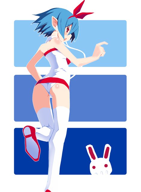 mutsuki ginji, pleinair, usagi-san, disgaea, nippon ichi, original, 1girl, blue hair, earbuds, earphones, female focus, hair ribbon, headphones, panties, pantyshot, pointy ears, rabbit, red eyes, ribbon, short hair, solo, stuffed animal, stuffed rabbit, stuffed toy, thighhighs, underwear, white thighhighs, zettai ryouiki