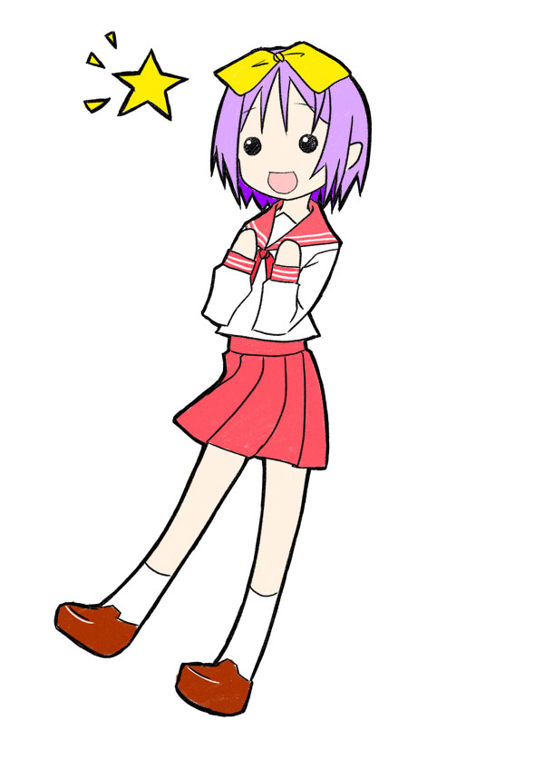 hiiragi tsukasa, lucky star, 00s, 1girl, bad anatomy, female focus, full body, kneehighs, loafers, long sleeves, poorly drawn, purple hair, sailor collar, school uniform, serafuku, shoes, short hair, simple background, socks, solo, star (symbol), white background, white socks