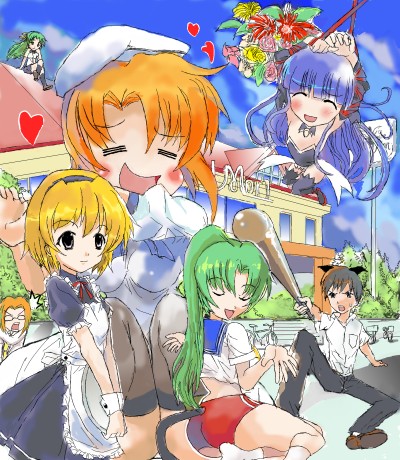 furude rika, houjou satoko, irie kyousuke, maebara keiichi, ryuuguu rena, sonozaki mion, sonozaki shion, higurashi no naku koro ni, lowres, 00s, 2boys, 5girls, angel mort, blonde hair, detached collar, multiple boys, multiple girls, siblings, sisters, take it home, twins