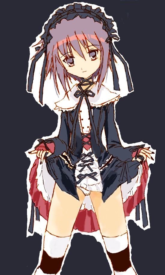 nagato yuki, suzumiya haruhi no yuuutsu, 00s, 1girl, clothes lift, female focus, gothic lolita, lolita fashion, panties, simple background, skirt, skirt lift, solo, thighhighs, underwear