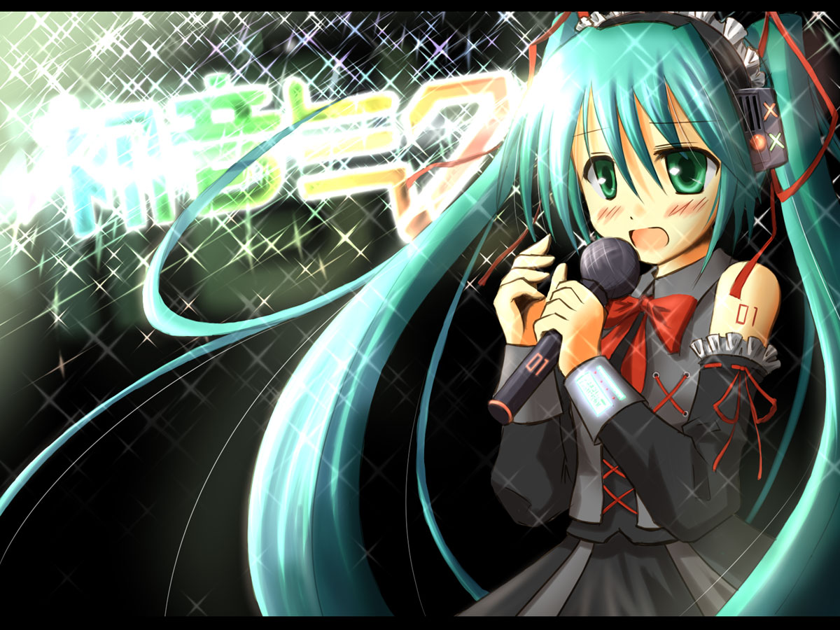 mashayuki, hatsune miku, vocaloid, 1girl, aqua hair, female focus, microphone, solo, twintails
