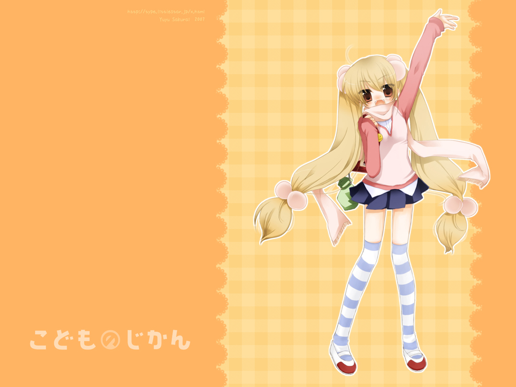 sakurai yuyu, kokonoe rin, kodomo no jikan, bad id, bad pixiv id, 00s, 1girl, child, female focus, hair bobbles, hair ornament, long hair, solo, striped clothes, striped thighhighs, thighhighs, twintails