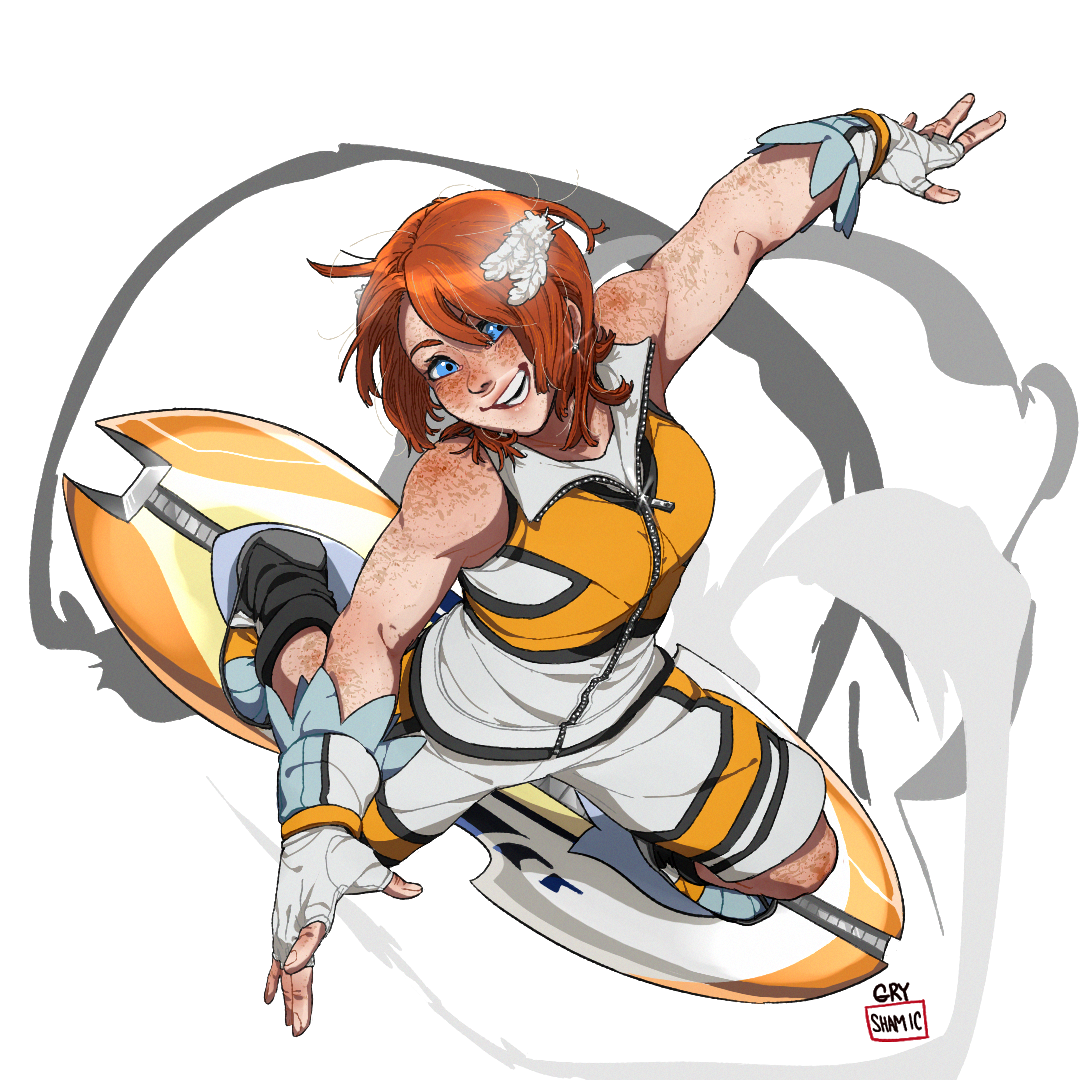 garuye, princess elise the third, sonic (series), sonic riders (series), sonic the hedgehog (2006), commentary, english commentary, 1girl, 2017, alternate costume, artist name, balancing, bare legs, black trim, blue eyes, body freckles, breasts, feather hair ornament, female focus, fingerless gloves, freckles, from above, full body, gloves, hair ornament, happy, hoverboard, jacket, legs apart, looking at viewer, medium breasts, multicolored jacket, orange hair, outstretched arms, shoes, short hair, shorts, sleeveless, sleeveless jacket, smile, solo, transparent background, two-tone jacket, white gloves, white jacket, white shoes, white shorts, wind
