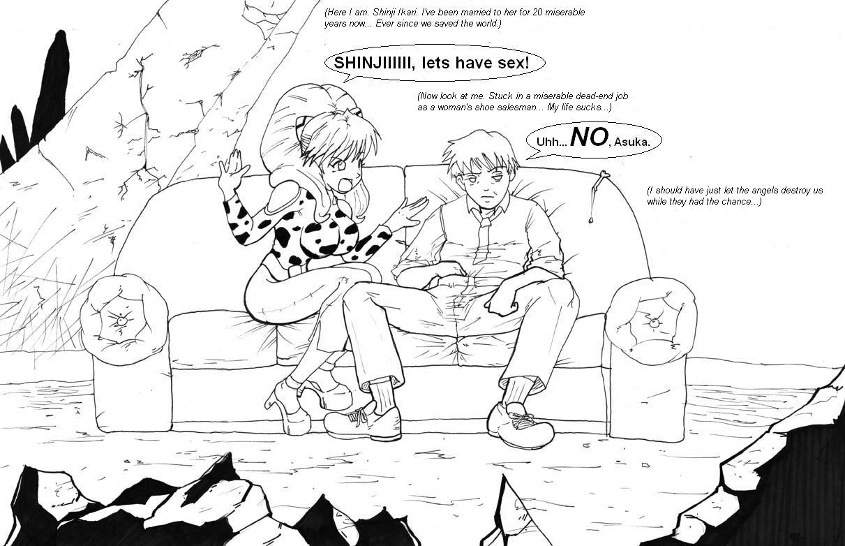 ikari shinji, souryuu asuka langley, neon genesis evangelion, 1boy, 1girl, al bundy, crossover, english text, full body, greyscale, monochrome, peggy bundy, sitting, sketch, speech bubble, talking, text focus