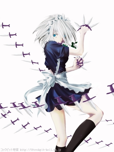 hajim, izayoi sakuya, touhou, silver hair, 1girl, braid, female focus, short hair, solo, twin braids