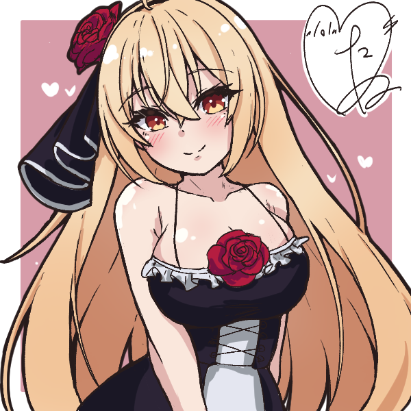 tanu (ace ikachan), character request, commentary request, copyright request, 1girl, armpit crease, bare shoulders, black dress, blonde hair, blush, border, breasts, choppy bangs, cleavage, collarbone, cowboy shot, crossed bangs, dress, flower, hair between eyes, hair flower, hair ornament, heart, large breasts, long hair, looking at viewer, outside border, pink background, red flower, red rose, rose, sleeveless, sleeveless dress, smile, solo, spaghetti strap, split mouth, white border, yellow eyes