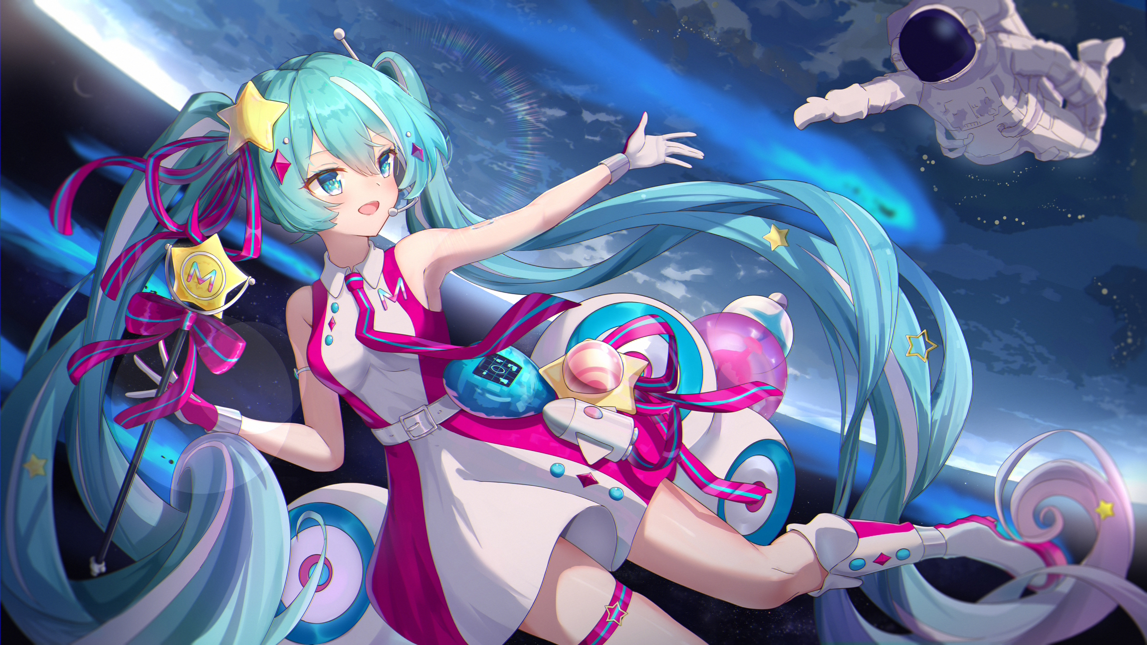 rionlium, hatsune miku, magical mirai miku, magical mirai miku (2022), magical mirai (vocaloid), vocaloid, highres, 1girl, 1other, aqua eyes, aqua hair, armpits, astronaut, blush, breasts, collared dress, dress, gloves, gradient hair, hair ornament, hair ribbon, helmet, holding, holding wand, long hair, looking at another, multicolored hair, official alternate costume, official alternate hairstyle, open mouth, pink hair, pink ribbon, ribbon, sleeveless, sleeveless dress, small breasts, smile, space, space helmet, spacesuit, star (symbol), star hair ornament, twintails, two-tone dress, two-tone gloves, very long hair, wand, white dress