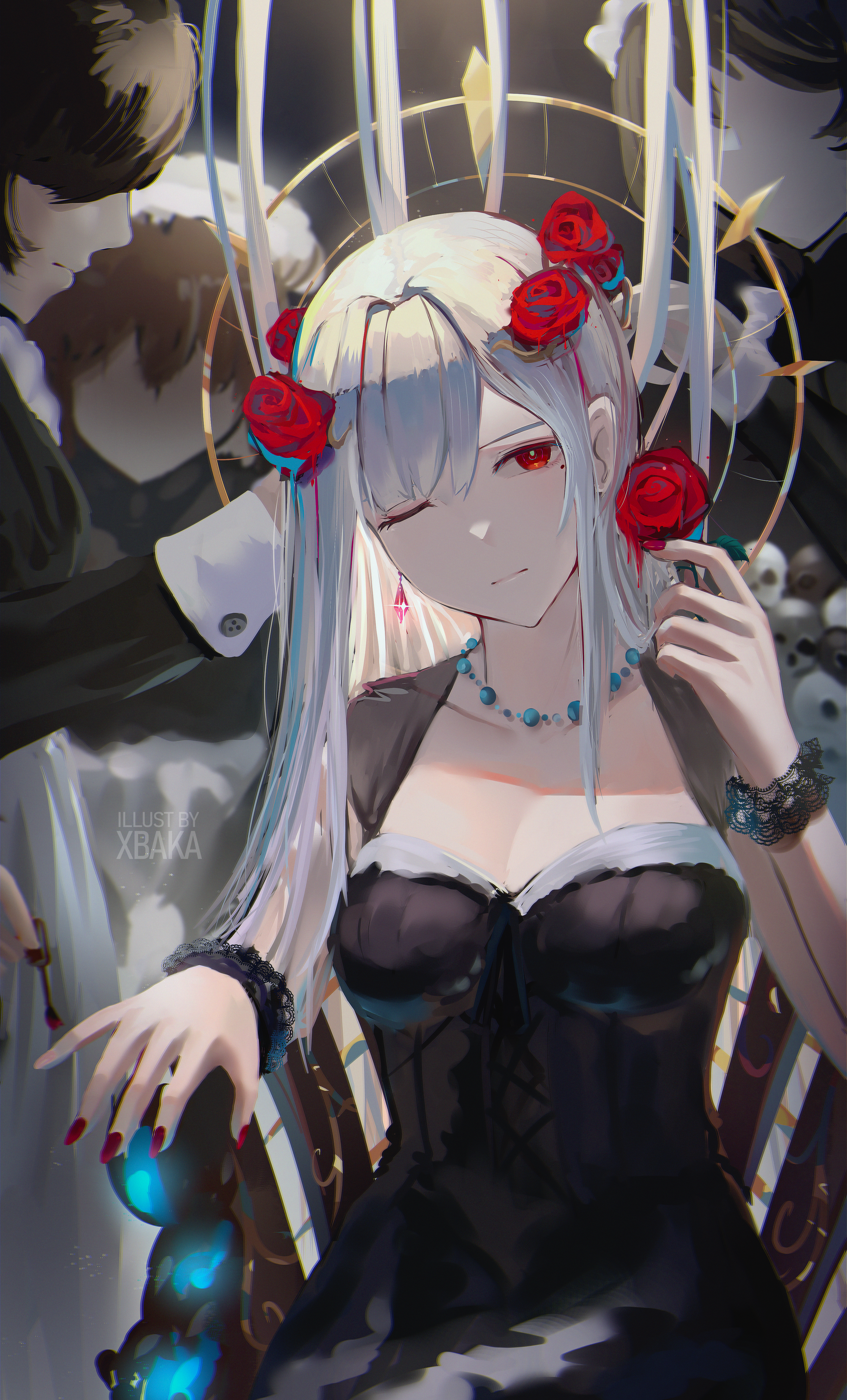 xbaka, original, absurdres, highres, 1girl, artist name, black dress, breasts, cleavage, crystal earrings, dress, earrings, flower, grey hair, hair flower, hair ornament, holding, holding flower, jewelry, long hair, looking at viewer, medium breasts, necklace, one eye closed, red eyes, red flower, red nails, red rose, rose, single earring, sitting, solo focus, upper body