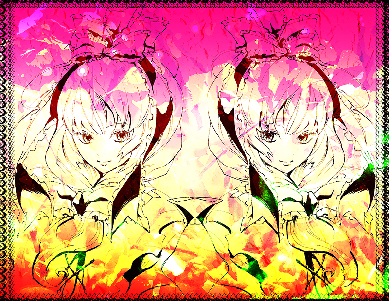 kuma (artist), kuma (crimsonvanilla), kagiyama hina, touhou, 1girl, colorful, female focus, front ponytail, hair ribbon, long hair, looking at another, ribbon, smile, symmetry