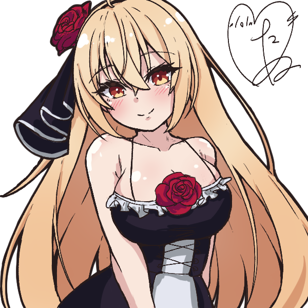 tanu (ace ikachan), character request, commentary request, copyright request, 1girl, armpit crease, bare shoulders, black dress, blonde hair, blush, breasts, choppy bangs, cleavage, collarbone, cowboy shot, crossed bangs, dress, flower, hair between eyes, hair flower, hair ornament, large breasts, long hair, looking at viewer, red flower, red rose, rose, simple background, sleeveless, sleeveless dress, smile, solo, spaghetti strap, split mouth, transparent background, yellow eyes