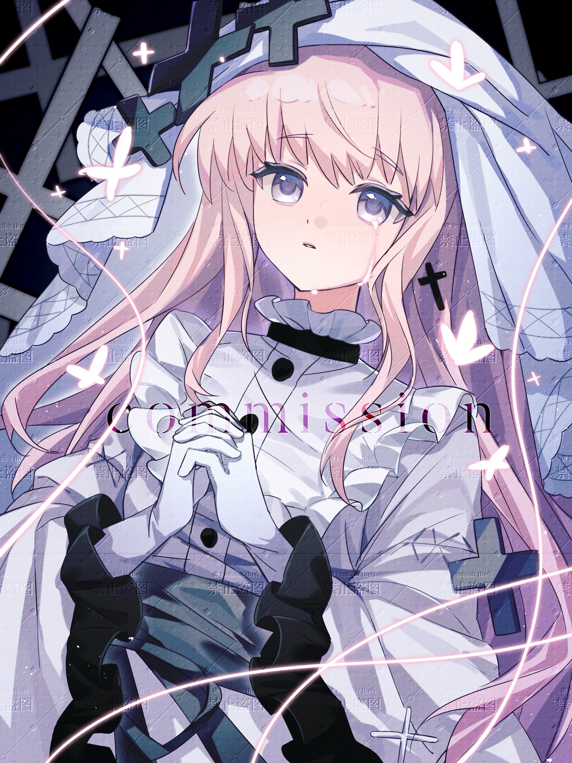 hikami meruru, mahou shoujo no majo saiban, absurdres, chinese commentary, commentary request, commission, highres, 1girl, blonde hair, bug, butterfly, cross, cross earrings, crying, crying with eyes open, dress, earrings, frilled dress, frilled sleeves, frills, gloves, hands up, insect, jewelry, long hair, long sleeves, looking at viewer, magical girl, own hands together, parted lips, praying, priestess, purple eyes, sample watermark, solo, tears, upper body, veil, watermark, white dress, white gloves, white veil, xiu xue sanjiu