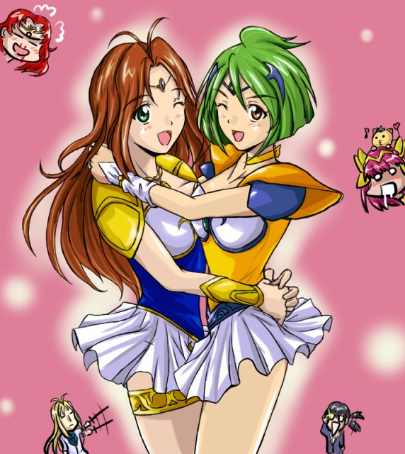azu (warehouse86), amano takuro, angel daisy, angel lily, angel salvia, jama-p (wedding peach), limone (wedding peach), scarlet ohara, tamano hinagiku, tanima yuri, wedding peach, ai tenshi densetsu wedding peach, 1990s (style), 2boys, 4girls, armor, blood, chibi, chibi inset, circlet, drooling, hug, magical girl, multiple boys, multiple girls, nosebleed, one eye closed, retro artstyle, wink