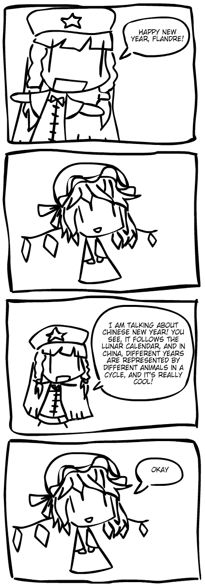 walfie, flandre scarlet, hong meiling, embodiment of scarlet devil, kirby (series), nintendo, touhou, walfas, hard-translated, highres, long image, tall image, third-party edit, translated, 2girls, 4koma, comic, english text, female focus, greyscale, monochrome, multiple girls, new year, | |