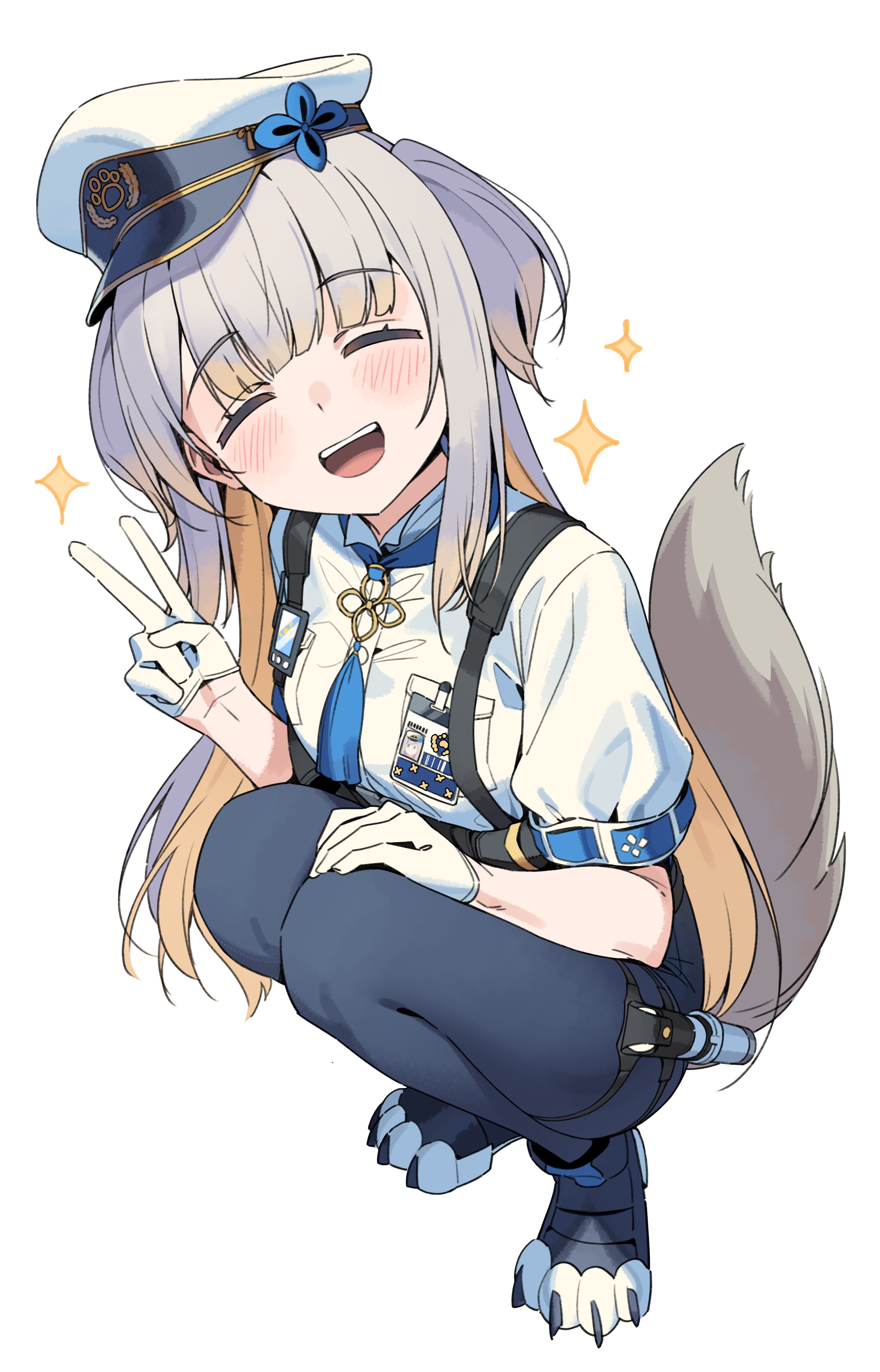 hop3, shioriha ruri, shioriha ruri (1st costume), nijisanji, absurdres, highres, 1girl, animal-themed footwear, animal ears, baton (weapon), belt, belt buckle, blonde hair, blue pantyhose, blue shorts, blush, breast pocket, breasts, buckle, closed eyes, dog ears, dog girl, dog tail, dress shirt, full body, gloves, gradient hair, grey hair, hat, holster, long hair, looking at viewer, multicolored hair, open mouth, pantyhose, pocket, police, police badge, police uniform, shirt, shorts, sidelocks, small breasts, smile, solo, squatting, tail, thigh holster, v, weapon, white background, white gloves, white shirt