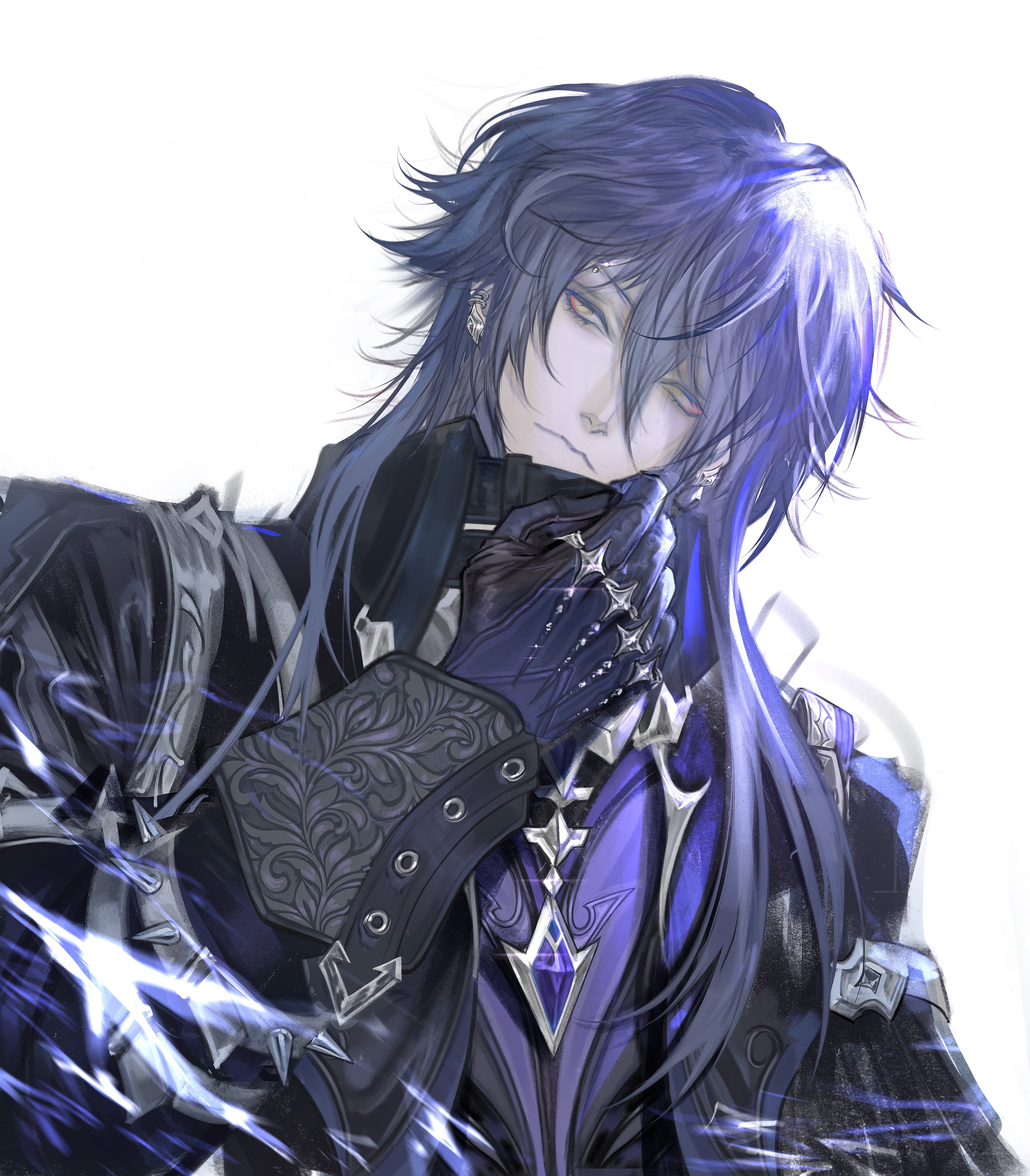 flins (genshin impact), genshin impact, absurdres, highres, 1boy, black gloves, black jacket, blue hair, closed mouth, dolcegoss, earrings, gloves, hair between eyes, jacket, jewelry, long hair, long sleeves, looking at viewer, looking to the side, male focus, piercing, ring, simple background, solo, upper body, white background, yellow eyes
