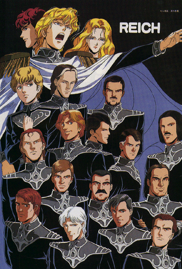reinhard von lohengramm, siegfried kircheis, ginga eiyuu densetsu, 1980s (style), 1girl, 6+boys, black hair, blonde hair, blue eyes, brown hair, cape, everyone, facial hair, long hair, multicolored hair, multiple boys, mustache, oldschool, open mouth, orange hair, red hair, retro artstyle, short hair, smile, two-tone hair, white hair