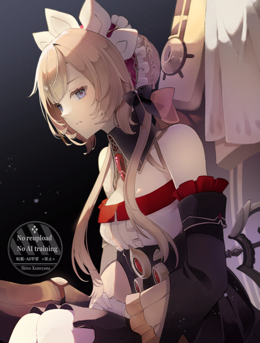 komesiwo syumi, sandrone (genshin impact), genshin impact, highres, 1girl, bare shoulders, black background, black bow, black dress, black sleeves, blue eyes, bow, brown hair, detached sleeves, dress, hair bow, hair bun, headdress, looking at viewer, medium hair, parted lips, sidelocks, solo, two-tone dress, upper body, watermark, white dress