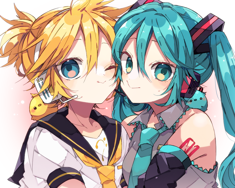 kaho 0102, hatsune miku, kagamine len, vocaloid, commentary request, 1boy, 1girl, ;), bare shoulders, bass clef, bird, black sailor collar, black sleeves, blonde hair, blue eyes, blue hair, blue necktie, blush, cheek-to-cheek, closed mouth, collared shirt, detached sleeves, double-parted bangs, hair between eyes, heads together, headset, long hair, looking at viewer, necktie, number tattoo, one eye closed, sailor collar, shirt, short hair, short sleeves, shoulder tattoo, sleeveless, sleeveless shirt, smile, tattoo, twintails, upper body, white shirt