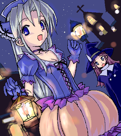takayaki, angela (seiken densetsu 3), riesz, seiken densetsu, seiken densetsu 3, lowres, 2girls, blonde hair, blue eyes, brown hair, bubble skirt, corset, cosplay, gloves, gym uniform, halloween, hat, lantern, long hair, multiple girls, night, oekaki, pumpkin, skirt, sweatdrop, witch hat