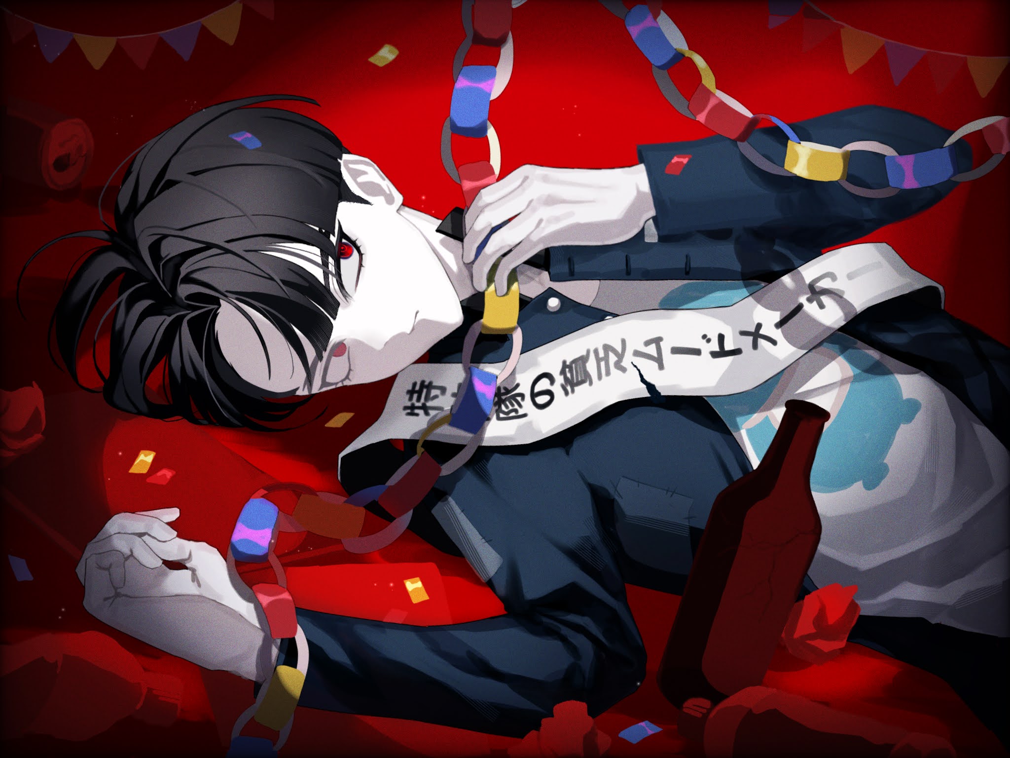 nomochi (cab8d9), maruko gaku, the hundred line -last defense academy-, commentary, highres, symbol-only commentary, 1boy, black hair, blue jacket, bottle, closed mouth, colored skin, confetti, jacket, long sleeves, lying, male focus, on back, paper chain, parted bangs, print shirt, red background, red eyes, sash, shirt, short hair, shoulder sash, solo, white shirt, white skin