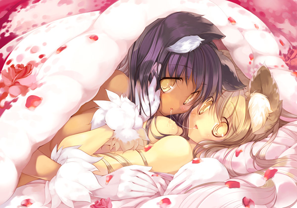 hanpen, puus, 2girls, animal ears, bed, blonde hair, breasts, gloves, large breasts, multiple girls, petals, purple hair, saliva, saliva trail, yellow eyes, yuri