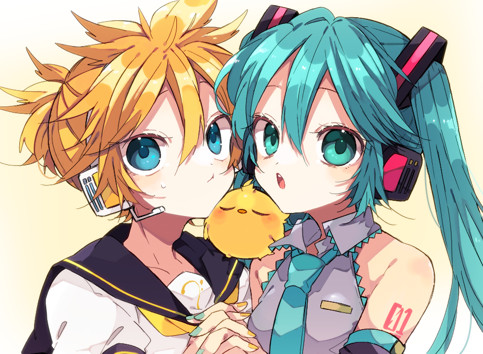 kaho 0102, hatsune miku, kagamine len, vocaloid, commentary request, 1boy, 1girl, :o, bare shoulders, bass clef, bird, black sailor collar, black sleeves, blonde hair, blue eyes, blue hair, blue nails, blue necktie, blush, closed mouth, collared shirt, detached sleeves, double-parted bangs, hair between eyes, headset, holding hands, long hair, looking at viewer, nail polish, necktie, number tattoo, open mouth, sailor collar, shirt, short hair, short sleeves, shoulder tattoo, sleeveless, sleeveless shirt, sweatdrop, tattoo, twintails, upper body, white shirt, yellow nails