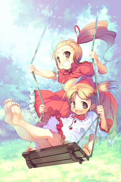 hanpen, puus, 2girls, barefoot, blonde hair, child, dress, feet, multiple girls, on swing, ponytail, ribbon, soles, standing, standing on swing, swing, toes, twintails