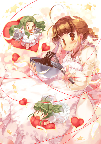 hanpen, puus, angel, apron, blush, braid, brown hair, chocolate, cooking, fairy, fairy wings, green hair, heart, valentine, whisk, wings