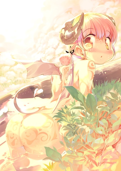 hanpen, puus, 1girl, ass, blush, demon, demon girl, female focus, horns, nude, outdoors, pink hair, ponytail, sky, solo, tail, water, wings, yellow eyes