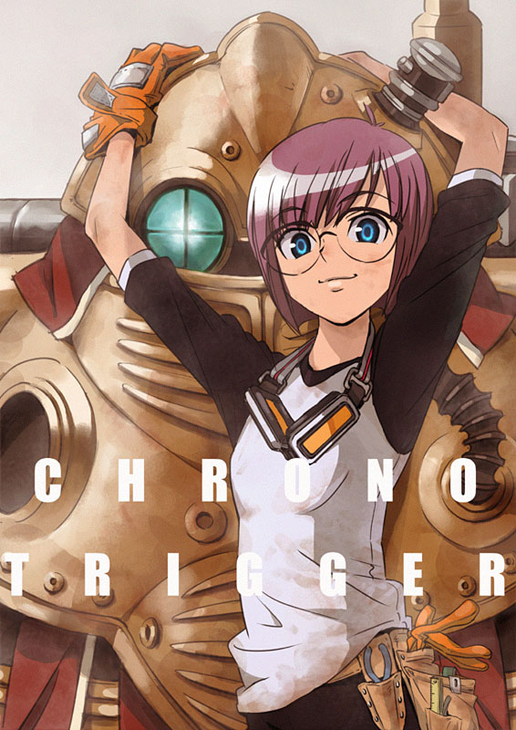 kikuchi, kikuchi (xpoz), lucca ashtear, robo (chrono trigger), chrono (series), chrono trigger, 1990s (style), 1girl, blue eyes, dirty, glasses, gloves, goggles, purple hair, raglan sleeves, robot, short hair, smile, tools, xpoz