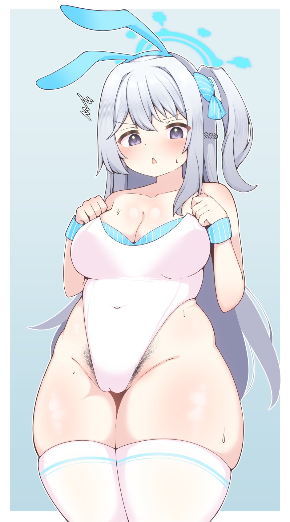 kashiwa to utsuwa, miyako (blue archive), blue archive, 1girl, animal ear hairband, animal ears, blue background, blue bow, blue hairband, blush, bow, braid, breasts, cameltoe, cleavage, covered navel, crown braid, fake animal ears, female pubic hair, grey hair, hair bow, hairband, halo, hands on own chest, highleg, highleg one-piece swimsuit, leotard, leotard pull, long hair, medium breasts, one-piece swimsuit, one side up, open mouth, playboy bunny, plump, pubic hair, pubic hair peek, purple eyes, rabbit ear hairband, rabbit ears, skindentation, solo, standing, sweat, thick thighs, thighhighs, thighs, triangle mouth, white hair, white leotard, white thighhighs, wide hips, wrist cuffs