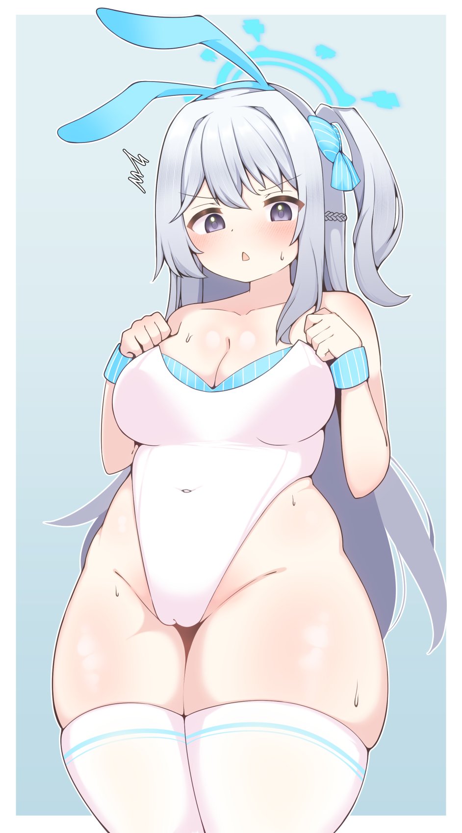 kashiwa to utsuwa, miyako (blue archive), blue archive, 1girl, animal ear hairband, animal ears, blue background, blue bow, blue hairband, blush, bow, braid, breasts, cameltoe, cleavage, covered navel, crown braid, fake animal ears, grey hair, hair bow, hairband, halo, hands on own chest, highleg, highleg one-piece swimsuit, leotard, leotard pull, long hair, medium breasts, one-piece swimsuit, one side up, open mouth, playboy bunny, plump, purple eyes, rabbit ear hairband, rabbit ears, skindentation, solo, standing, sweat, thick thighs, thighhighs, thighs, triangle mouth, white hair, white leotard, white thighhighs, wide hips, wrist cuffs