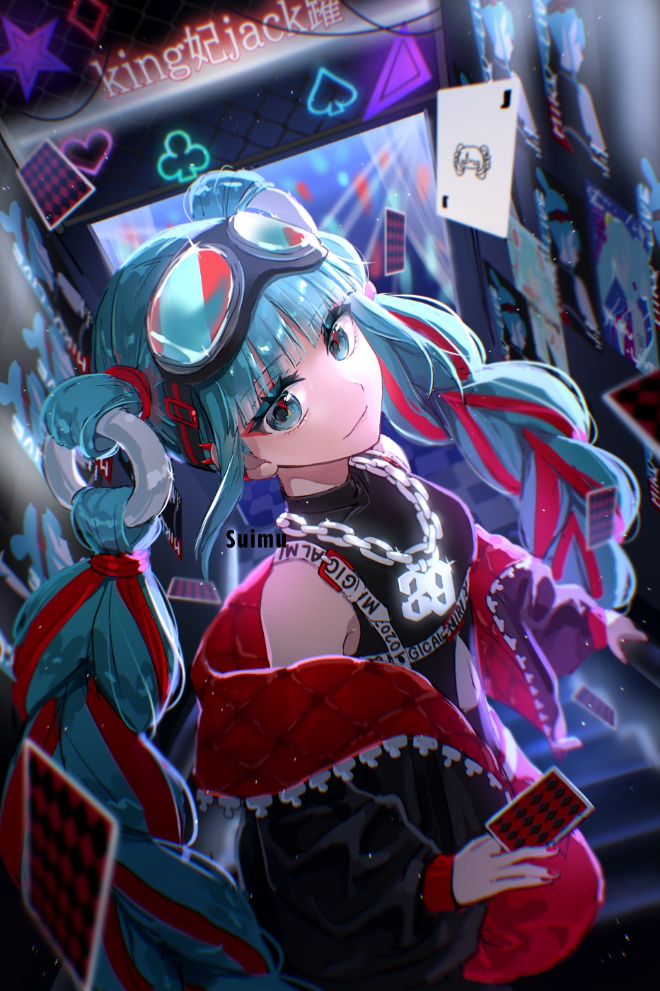 mallow (di fushang), hatsune miku, magical mirai miku, magical mirai miku (2023), magical mirai (vocaloid), vocaloid, highres, 1girl, 39, aqua eyes, aqua hair, black jacket, braid, breasts, card, chain, chain necklace, closed mouth, club (shape), detached hair, diamond (shape), goggles, goggles on head, heart, holding, holding card, jacket, jewelry, long hair, looking at viewer, medium breasts, multicolored hair, necklace, official alternate costume, official alternate hairstyle, open clothes, open jacket, red hair, red nails, smile, solo, spade (shape), twin braids, twintails, very long hair
