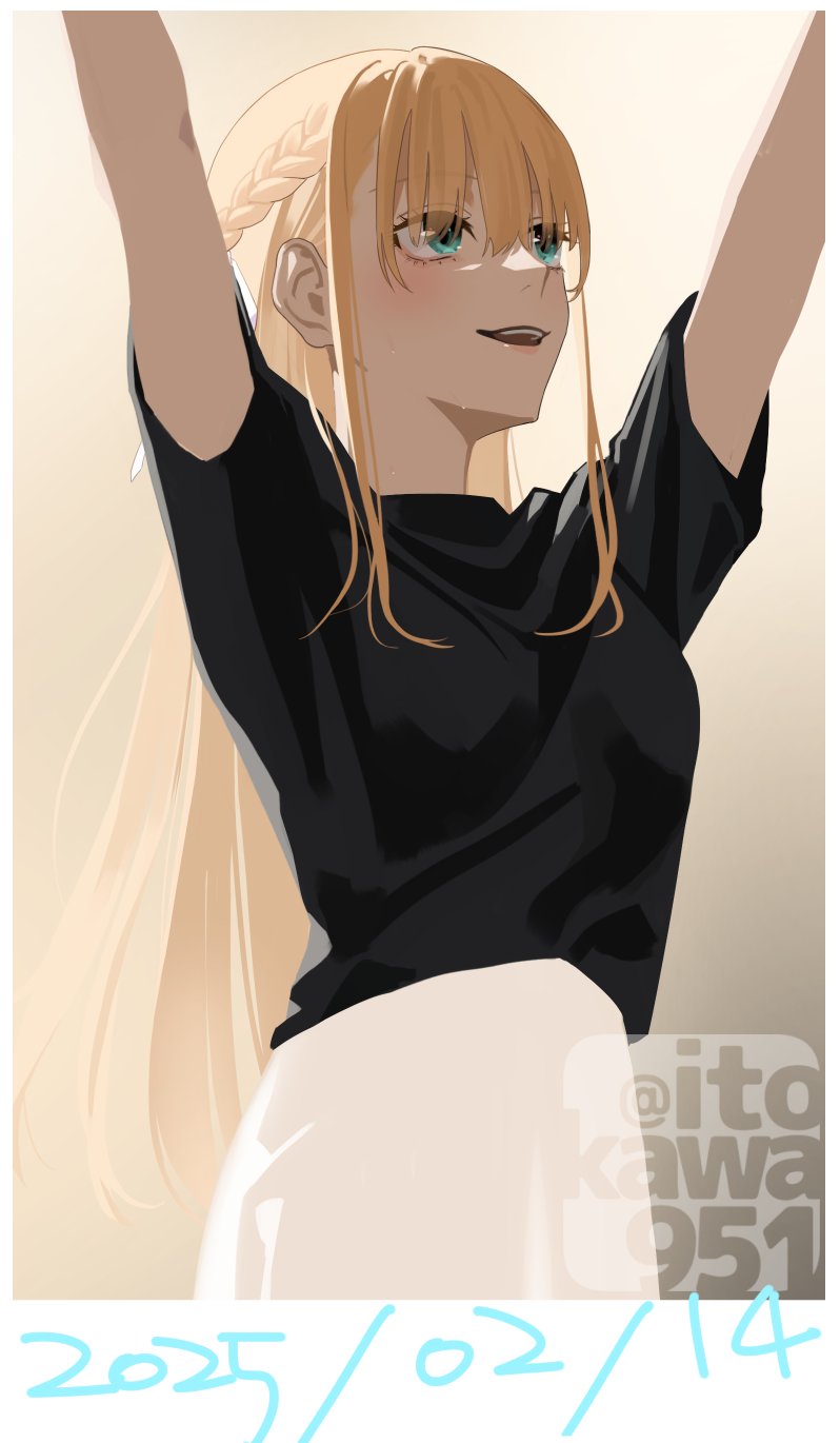 yama0109, toujou tsukasa, heaven burns red, highres, 1girl, black shirt, blonde hair, braid, green eyes, hair ribbon, half up braid, hands up, long hair, ribbon, shirt, solo, white ribbon
