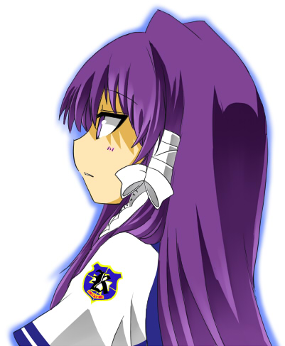 hane (hanegoya), fujibayashi kyou, clannad, lowres, 00s, 1girl, blush, brown eyes, closed mouth, emblem, expressionless, female focus, hair ribbon, long hair, long sleeves, purple hair, ribbon, solo, upper body, white ribbon